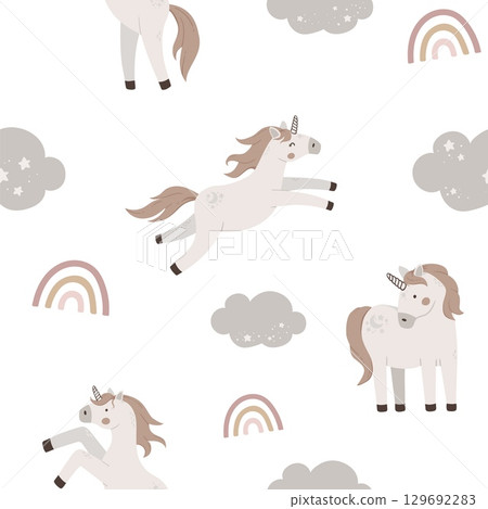 Seamless pattern with cute unicorns and rainbow. Hand drawn magic horn fly on sky. Flat celestial vector illustration. Seamless pattern with cute unicorns and rainbow. Hand drawn magic horn fly on sky. Flat celestial vector illustration. 129692283