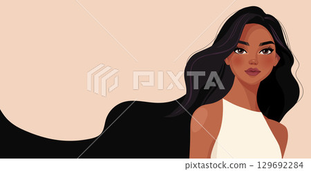 Beautiful young black woman with long hair, modern background, poster for beauty salon, hair care, cosmetics and makeup. Flat cartoon vector banner. 129692284