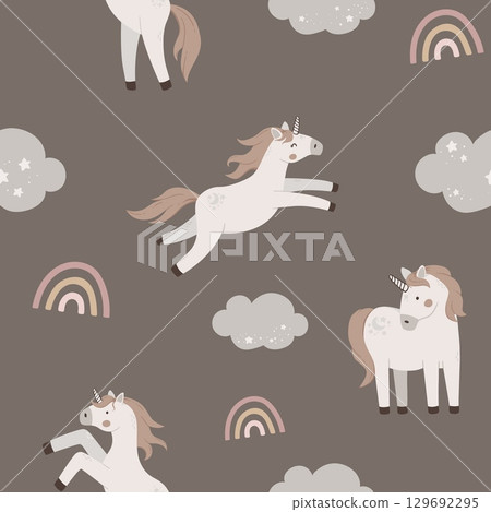 Seamless pattern with cute unicorns and rainbow. Hand drawn magic horn fly on sky. Flat celestial vector illustration. Seamless pattern with cute unicorns and rainbow. Hand drawn magic horn fly on sky. Flat celestial vector illustration. 129692295