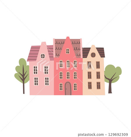 Group of Small tiny houses with trees vector illustration. Cartoon buildings travel illustration. Hand draw style. Flat design. Real estate sale 129692309