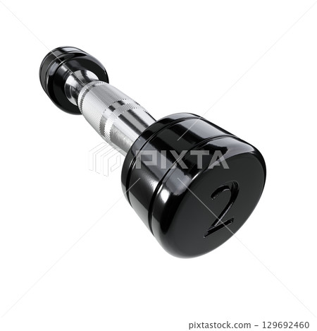 Round Chrome Dumbbell with number 2, weightlifting gym equipment wide angle view Round Chrome Dumbbell with number 2, weightlifting gym equipment wide angle view 129692460