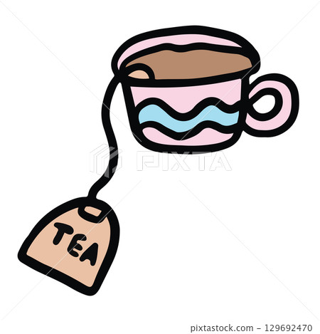 Hand drawn hot tea mug for cafe, restaurant, drink menu, recipe decoration, sticker, department store, supermarket, mart, beverage, kitchenware, cute patch, office snack, breakfast, lunch	 129692470