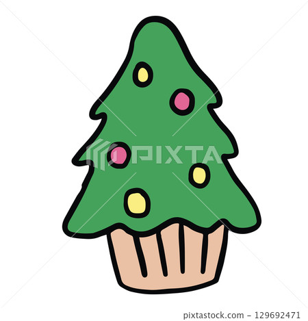 Hand drawn Christmas tree cupcake for sweet dessert, festive season, holidays, cafe, menu, restaurant, recipe, baking book, cute patch, brooch, sticker, cake shop, icon, department store, food, brunch 129692471