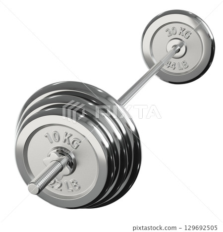 Cast Iron Adjustable Barbell with plates, weightlifting gym equipment, side view 129692505