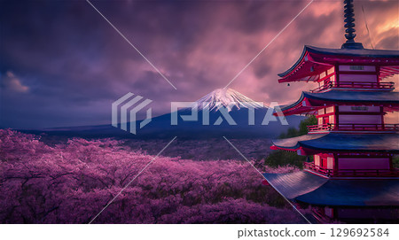富士山和櫻花的美景 129692584