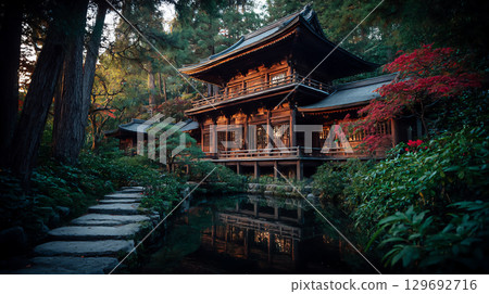 坐落在美麗的日本花園中的傳統木製建築 129692716