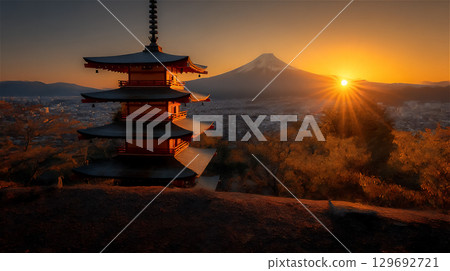 Beautiful sunset over Mount Fuji and the five-story pagoda 129692721