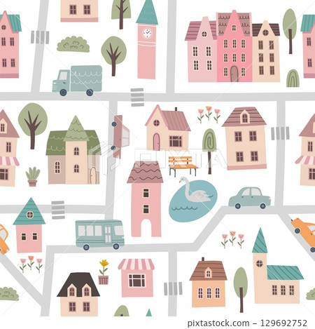 Seamless pattern with small cute town map. Houses, trees, animals, cars, roads vector illustration. Cartoon buildings collection. Hand draw style. City elements on white background. Flat design. 129692752