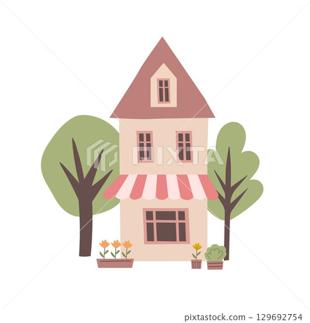 Central cafe building. Summer terrace, restaurant poster. Cute architectural background. Vector flat illustration 129692754