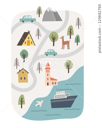 Cute town map and sea for kids design. Hand drawn vector poster. Baby illustration with cartoon roads, nature, camping, forest, mountain and animals. Nursery concept for bedding 129692760
