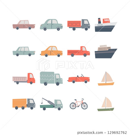 Hand drawn set of cute vehicles for kids design. Urban road transport vector illustration. Hand drawn set of cute vehicles for kids design. Urban road transport vector illustration. 129692762