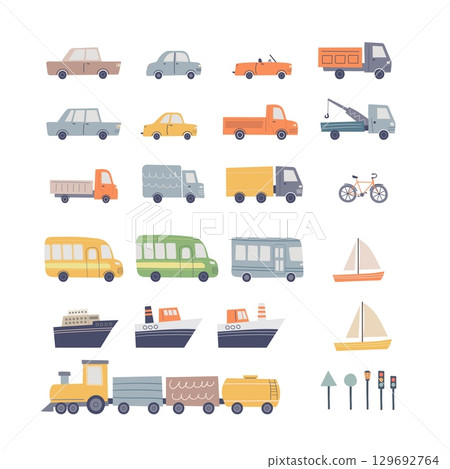 Hand drawn set of cute vehicles for kids design. Urban road transport vector illustration. Hand drawn set of cute vehicles for kids design. Urban road transport vector illustration. 129692764
