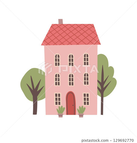 Small cute house with trees vector illustration. Cartoon buildings travel illustration. Hand draw style. Flat design. Real estate sale 129692770