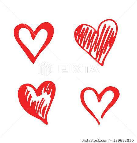 collection doodle set of hand drawn scribble hearts isolated red on white background 129692830