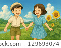 男孩和女孩在夏日向日葵的背景下散步 129693074
