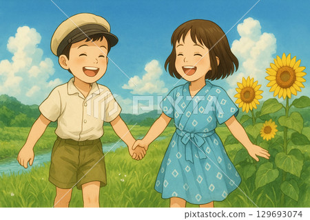 男孩和女孩在夏日向日葵的背景下散步 129693074
