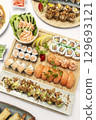 sushi mixed plate moriawase meal on plate in japanese restaurant 129693121