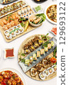 sushi mixed plate moriawase meal on plate in japanese restaurant 129693122