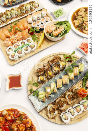 sushi mixed plate moriawase meal on plate in japanese restaurant 129693122