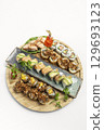 sushi mixed plate moriawase meal on plate in japanese restaurant 129693123