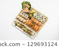 sushi mixed plate moriawase meal on plate in japanese restaurant 129693124