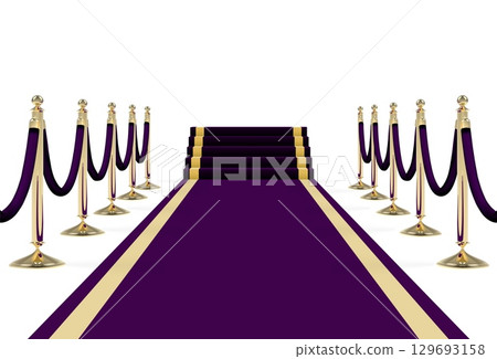 Black purple carpet on stairs with ropes on golden stanchions Black purple carpet on stairs with ropes on golden stanchions 129693158