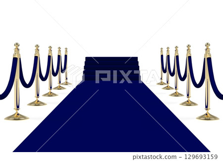 Black blue carpet on stairs with ropes on golden stanchions 129693159
