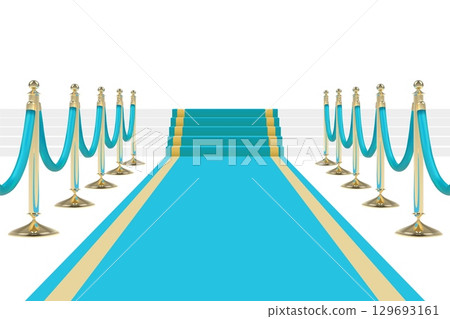 Teal carpet on stairs with ropes on golden stanchions Teal carpet on stairs with ropes on golden stanchions 129693161