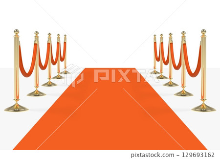 Orange carpet with red ropes on golden stanchions 129693162