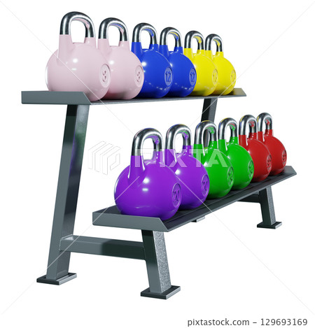 Gym rack with different Olympic kettlebells, cast iron powerlifting equipment 129693169