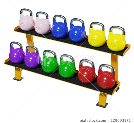 Gym rack with different Olympic kettlebells, cast iron powerlifting equipment 129693171