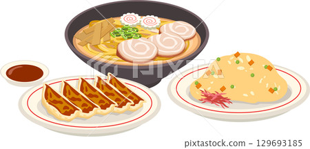 japanese style lunch set featuring a hot ramen bowl pan fried dumplings and egg fried rice 129693185