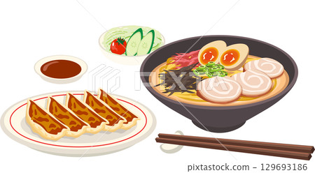 japanese lunch set with ramen noodles gyoza dumplings salad and dipping sauce 129693186