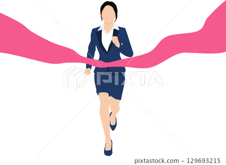 一位女士率先衝過終點線的插圖 129693215