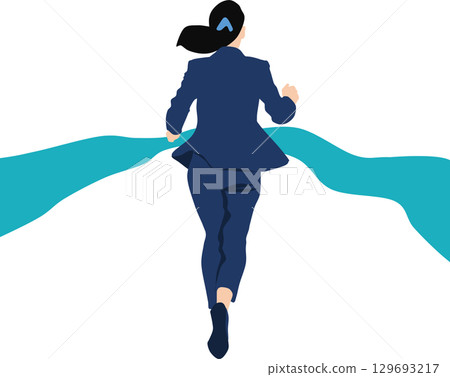 一位女士率先衝過終點線的插圖 129693217