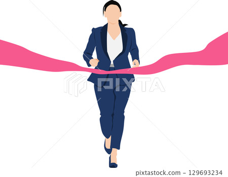 Illustration of a woman crossing the finish line in first place 129693234