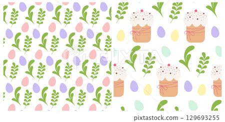 Painted Eggs and Easter Cake Seamless Patterns Easter Holidays Festive Backgrounds or Wallpaper Set 129693255