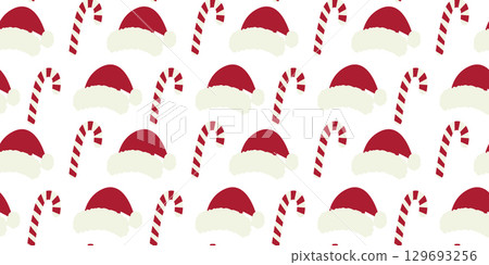 Striped Candy Cane and Santa Hats Seamless Pattern Banner Format Christmas or New Year Festive Fond Striped Candy Cane and Santa Hats Seamless Pattern Banner Format Christmas or New Year Festive Fond 129693256