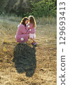 A young mother and daughter are walking in nature among the mountains in beautiful identical sweaters 129693413