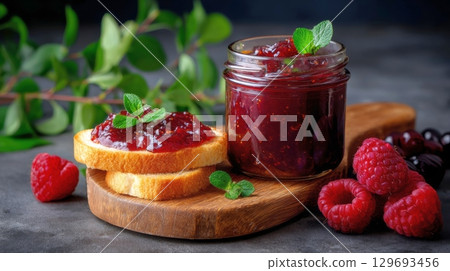 Raspberry jam in a jar and on toast, with fresh raspberries and mint, all on a wooden board 129693456