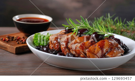 sliced duck breast with glossy plum sauce, garnished with fresh rosemary and whole dark plums, served on a white platter 129693457