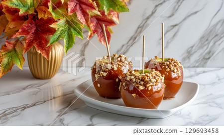 Three caramel apples with nuts on a white plate, with a vase of autumn leaves in the background 129693458