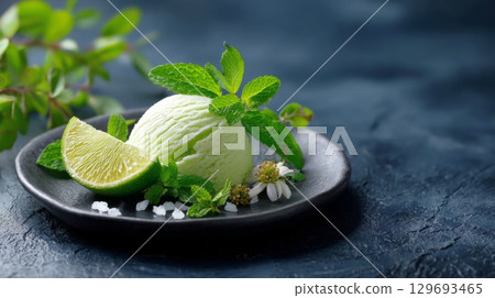a scoop of lime green ice cream garnished with fresh mint leaves, a lime wedge, and sea salt crystals, served on a black plate against a dark blue background 129693465