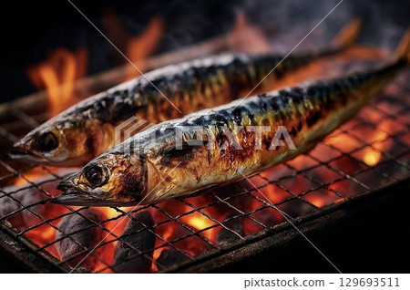 Grilled salted saury over charcoal (autumn flavors, Japanese cuisine, fish dishes, close-up) 129693511
