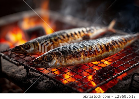 Grilled salted saury over charcoal (autumn flavors, Japanese cuisine, fish dishes, close-up) 129693512