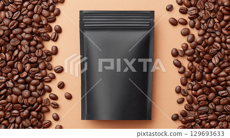 Coffee packaging for mockup surrounded by roasted coffee beans on a neutral background showcasing freshness and quality 129693633