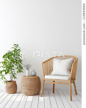 Cozy corner featuring a wicker chair, plant, and decorative elements in a minimalist boho interior. Blank white wall for mockup. 129693669