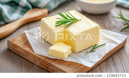 A block of creamy butter sits on a wooden cutting board, accompanied by a sprig of fresh rosemary. The rustic kitchen backdrop features a checkered cloth and a small bowl 129693715