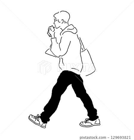 圖:一名男子側身行走、喝著果凍飲料、手拿教科書(連帽衫、牛仔褲、運動鞋、手提袋) 圖:一名男子側身行走、喝著果凍飲料、手拿教科書(連帽衫、牛仔褲、運動鞋、手提袋) 129693821