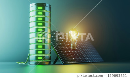 Image of clean energy supply using solar panels and storage batteries 129693831